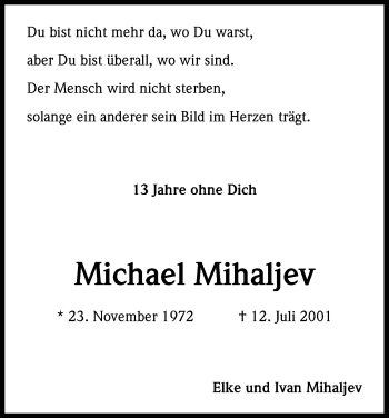 Anzeige von Michael Mihaljev von Kölner Stadt-Anzeiger / Kölnische Rundschau / Express