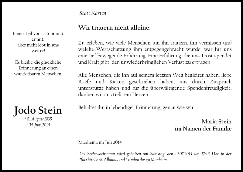  Traueranzeige für Jodo Stein vom 12.07.2014 aus Kölner Stadt-Anzeiger / Kölnische Rundschau / Express