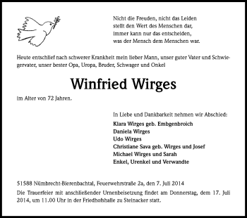 Anzeige von Winfried Wirges von Kölner Stadt-Anzeiger / Kölnische Rundschau / Express