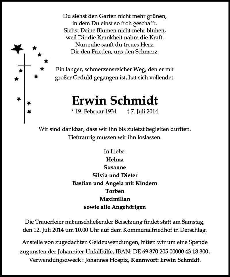  Traueranzeige für Erwin Schmidt vom 10.07.2014 aus Kölner Stadt-Anzeiger / Kölnische Rundschau / Express