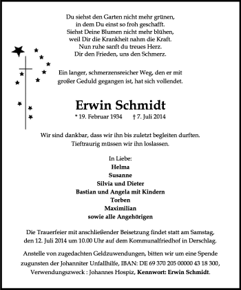 Anzeige von Erwin Schmidt von Kölner Stadt-Anzeiger / Kölnische Rundschau / Express