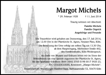 Anzeige von Margot Michels von Kölner Stadt-Anzeiger / Kölnische Rundschau / Express