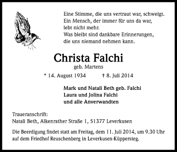 Anzeige von Christa Falchi von Kölner Stadt-Anzeiger / Kölnische Rundschau / Express