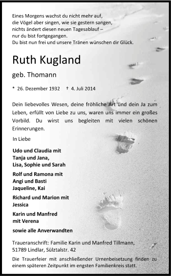 Anzeige von Ruth Kugland von Kölner Stadt-Anzeiger / Kölnische Rundschau / Express