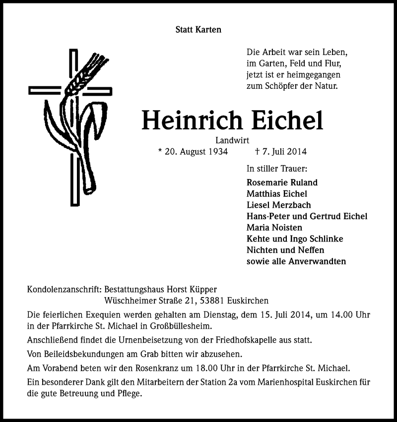  Traueranzeige für Heinrich Eichel vom 12.07.2014 aus Kölner Stadt-Anzeiger / Kölnische Rundschau / Express