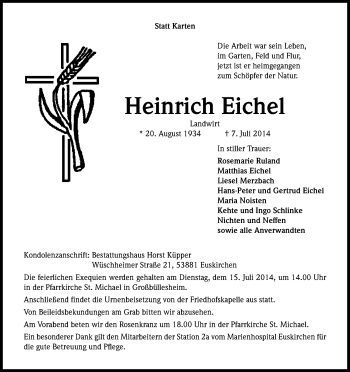 Anzeige von Heinrich Eichel von Kölner Stadt-Anzeiger / Kölnische Rundschau / Express