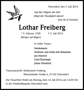 Anzeige von Lothar Freiberg von Kölner Stadt-Anzeiger / Kölnische Rundschau / Express