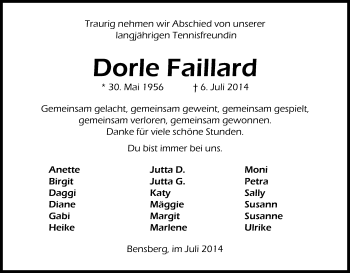 Anzeige von Dorle Faillard von Kölner Stadt-Anzeiger / Kölnische Rundschau / Express