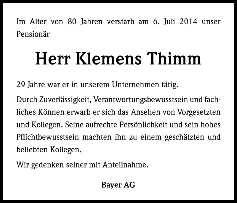  Traueranzeige für Klemens Thimm vom 10.07.2014 aus Kölner Stadt-Anzeiger / Kölnische Rundschau / Express