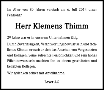 Anzeige von Klemens Thimm von Kölner Stadt-Anzeiger / Kölnische Rundschau / Express