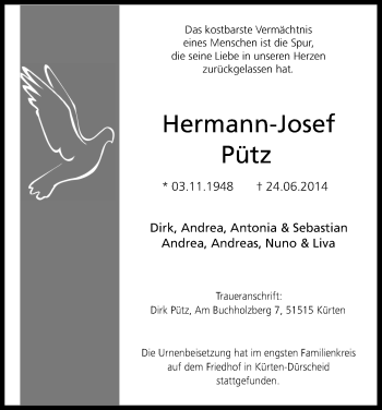 Anzeige von Hermann-Josef Pütz von Kölner Stadt-Anzeiger / Kölnische Rundschau / Express