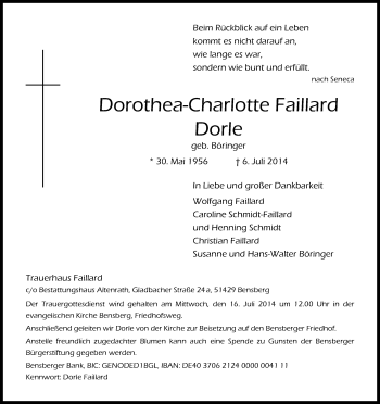 Anzeige von Dorothea-Charlotte Dorle Faillard von Kölner Stadt-Anzeiger / Kölnische Rundschau / Express