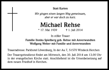 Anzeige von Michael Rehse von Kölner Stadt-Anzeiger / Kölnische Rundschau / Express