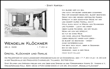 Anzeige von Wendelin Klöckner von Kölner Stadt-Anzeiger / Kölnische Rundschau / Express