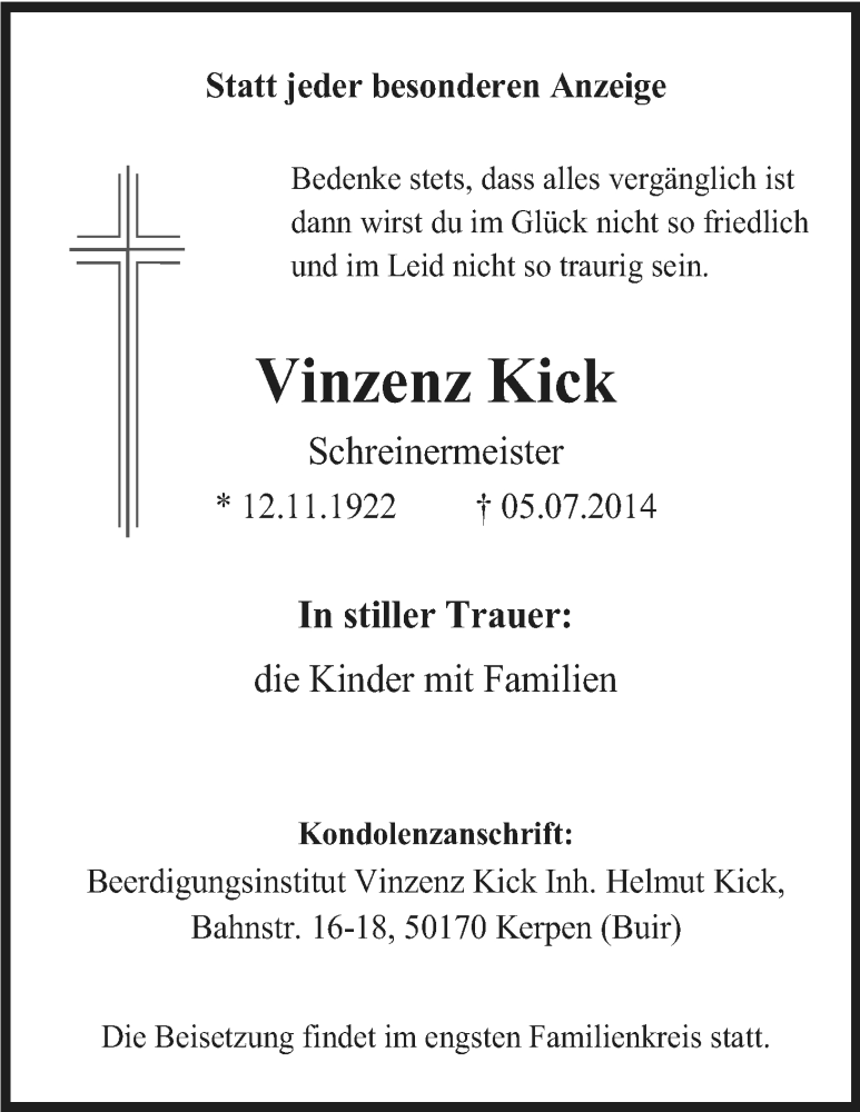 Traueranzeige für Vinzenz Kick vom 12.07.2014 aus Kölner Stadt-Anzeiger / Kölnische Rundschau / Express