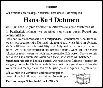Anzeige von Hans-Karl Dohmen von Kölner Stadt-Anzeiger / Kölnische Rundschau / Express