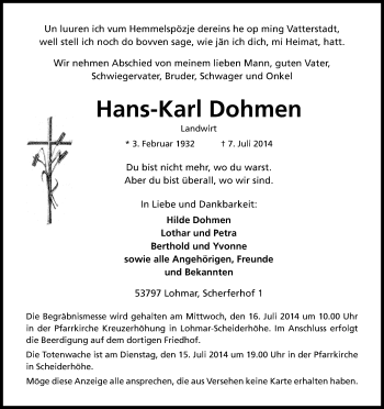 Anzeige von Hans-Karl Dohmen von Kölner Stadt-Anzeiger / Kölnische Rundschau / Express