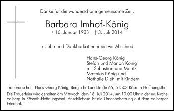 Anzeige von Barbara Imhof-König von Kölner Stadt-Anzeiger / Kölnische Rundschau / Express