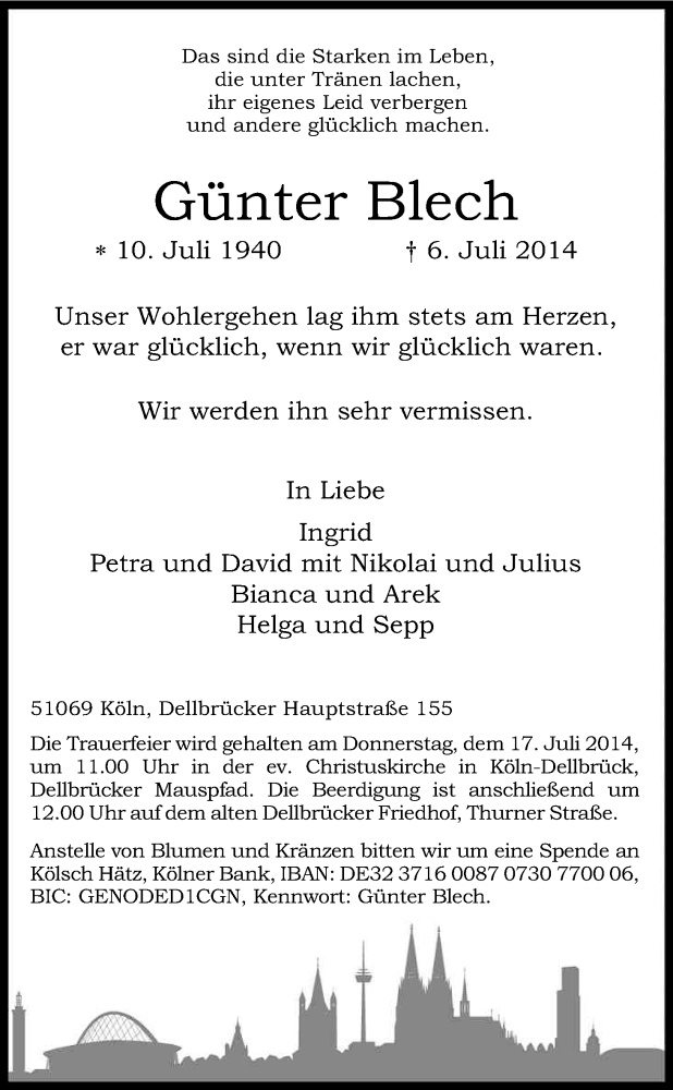  Traueranzeige für Günter Blech vom 14.07.2014 aus Kölner Stadt-Anzeiger / Kölnische Rundschau / Express