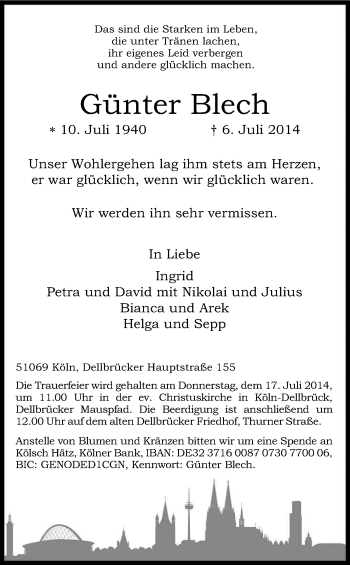 Anzeige von Günter Blech von Kölner Stadt-Anzeiger / Kölnische Rundschau / Express