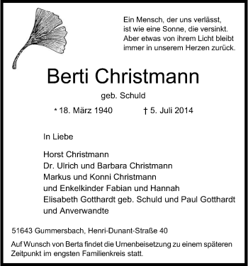 Anzeige von Berti Christmann von Kölner Stadt-Anzeiger / Kölnische Rundschau / Express