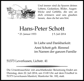 Anzeige von Hans-Peter Schott von Kölner Stadt-Anzeiger / Kölnische Rundschau / Express