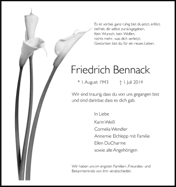 Anzeige von Friedrich Bennack von Kölner Stadt-Anzeiger / Kölnische Rundschau / Express