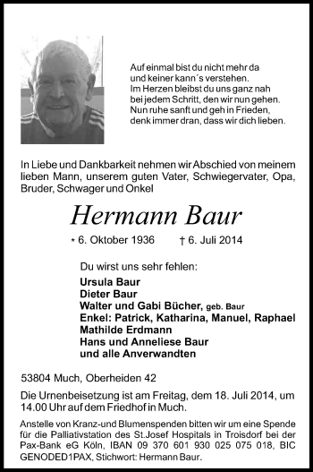 Anzeige von Hermann Baur von Kölner Stadt-Anzeiger / Kölnische Rundschau / Express