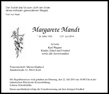 Anzeige von Margarete Mandt von Kölner Stadt-Anzeiger / Kölnische Rundschau / Express