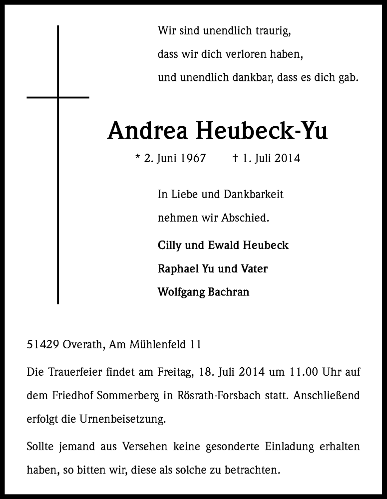  Traueranzeige für Andrea HeubeckYu vom 14.07.2014 aus Kölner Stadt-Anzeiger / Kölnische Rundschau / Express