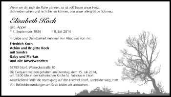Anzeige von Elisabeth Koch von Kölner Stadt-Anzeiger / Kölnische Rundschau / Express