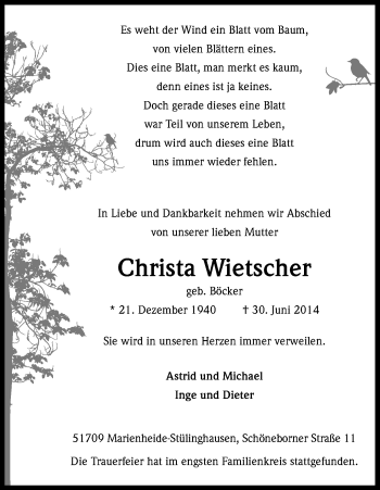 Anzeige von Christa Wietscher von Kölner Stadt-Anzeiger / Kölnische Rundschau / Express