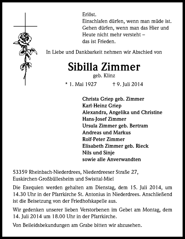  Traueranzeige für Sibilla Zimmer vom 12.07.2014 aus Kölner Stadt-Anzeiger / Kölnische Rundschau / Express