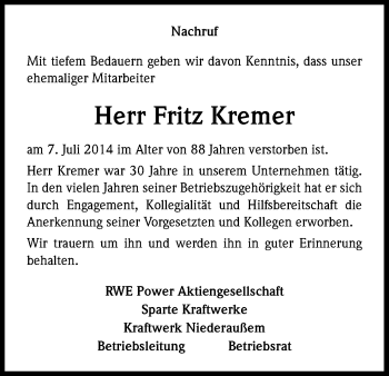 Anzeige von Fritz Kremer von Kölner Stadt-Anzeiger / Kölnische Rundschau / Express