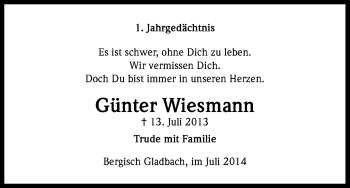 Anzeige von Günter Wiesmann von Kölner Stadt-Anzeiger / Kölnische Rundschau / Express