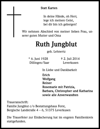 Anzeige von Ruth Jungblut von Kölner Stadt-Anzeiger / Kölnische Rundschau / Express