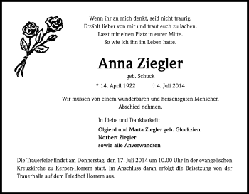 Anzeige von Anna Ziegler von Kölner Stadt-Anzeiger / Kölnische Rundschau / Express