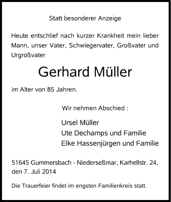 Anzeige von Gerhard Müller von Kölner Stadt-Anzeiger / Kölnische Rundschau / Express