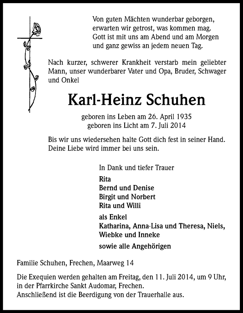  Traueranzeige für Karl-Heinz Schuhen vom 11.07.2014 aus Köln - Wir Trauern