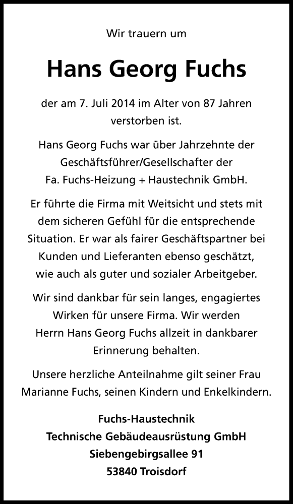  Traueranzeige für Hans Georg Fuchs vom 11.07.2014 aus Kölner Stadt-Anzeiger / Kölnische Rundschau / Express