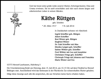 Anzeige von Käthe Rüttgen von Kölner Stadt-Anzeiger / Kölnische Rundschau / Express