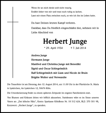 Anzeige von Herbert Junge von Kölner Stadt-Anzeiger / Kölnische Rundschau / Express