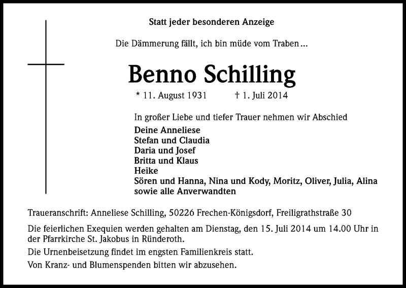  Traueranzeige für Benno Schilling vom 12.07.2014 aus Kölner Stadt-Anzeiger / Kölnische Rundschau / Express