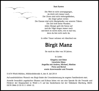 Anzeige von Birgit Manz von Kölner Stadt-Anzeiger / Kölnische Rundschau / Express