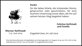 Anzeige von Werner Hoffstadt von Kölner Stadt-Anzeiger / Kölnische Rundschau / Express