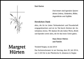 Anzeige von Margret Hürten von Kölner Stadt-Anzeiger / Kölnische Rundschau / Express