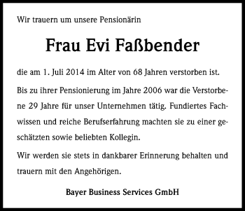 Anzeige von Evi Faßbender von Kölner Stadt-Anzeiger / Kölnische Rundschau / Express