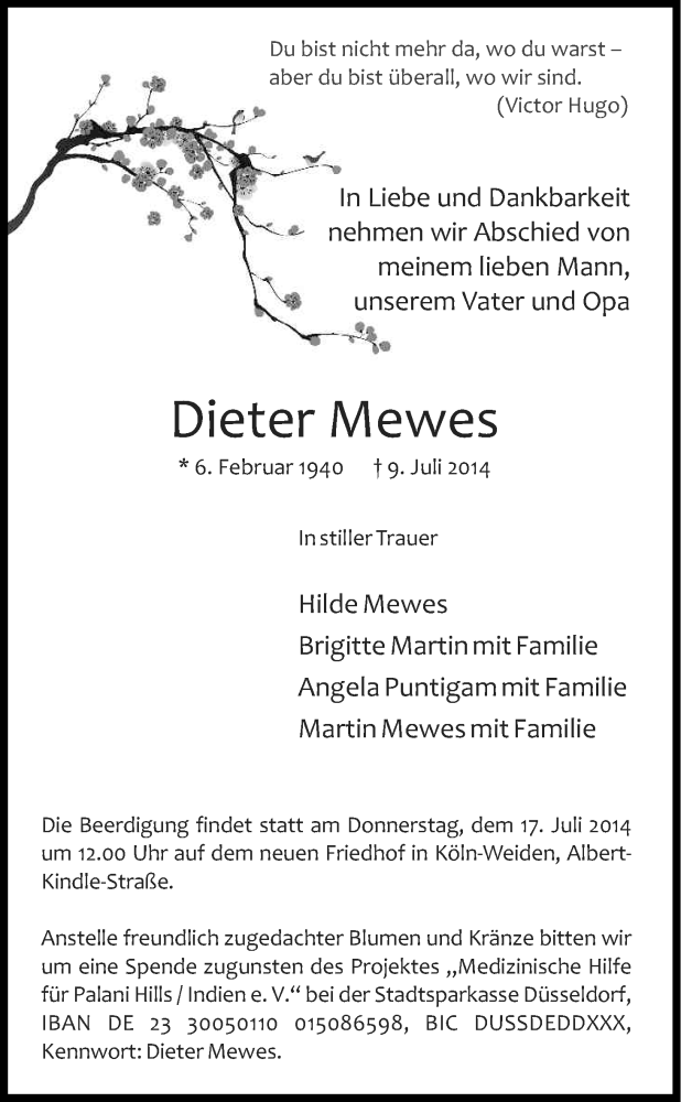  Traueranzeige für Dieter Mewes vom 12.07.2014 aus Kölner Stadt-Anzeiger / Kölnische Rundschau / Express