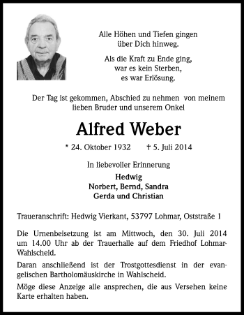 Anzeige von Alfred Weber von Kölner Stadt-Anzeiger / Kölnische Rundschau / Express