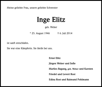 Anzeige von Inge Elitz von Kölner Stadt-Anzeiger / Kölnische Rundschau / Express